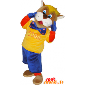 Mascotte de chat marron et blanc habillé en bleu et jaune - MASFR032443 - Mascottes de chat