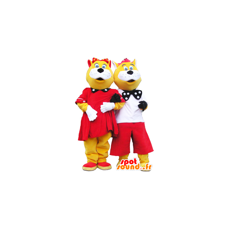 2 mascottes en gele katten gekleed wit - MASFR032444 - Cat Mascottes