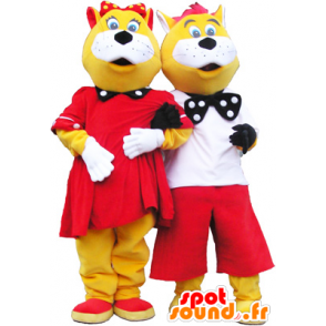 2 mascotes e gatos amarelo vestido branco - MASFR032444 - Mascotes gato