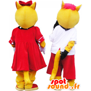2 velklædte gule og hvide katte maskotter - Kat maskotter - MASFR032444 - SpotSound.fr