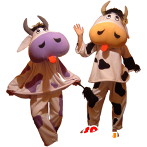 2 mascottes koeien hun tongen - MASFR032445 - koe Mascottes