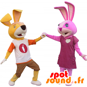 2 mascots rabbits, one yellow and one pink - MASFR032448 - Rabbit mascot