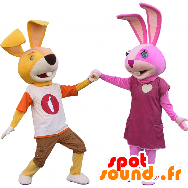 2 maskiner til kanin, den ene gule og den anden lyserød - Kanin maskot - MASFR032448 - SpotSound.fr
