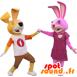 2 maskiner til kanin, den ene gule og den anden lyserød - Kanin maskot - MASFR032448 - SpotSound.fr