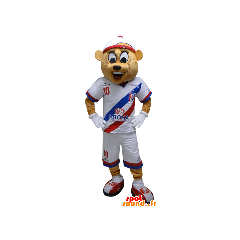 La mascota del oso de color beige en ropa deportiva. mascota de peluche - MASFR032449 - Mascota de deportes