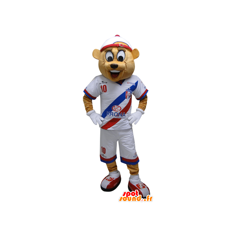 Mascotte d'ours beige en tenue de sport. Mascotte de nounours - MASFR032449 - Mascotte sportives