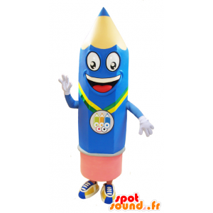 Mascot blue and pink pencil, giant, cheerful - MASFR032452 - Mascots pencil