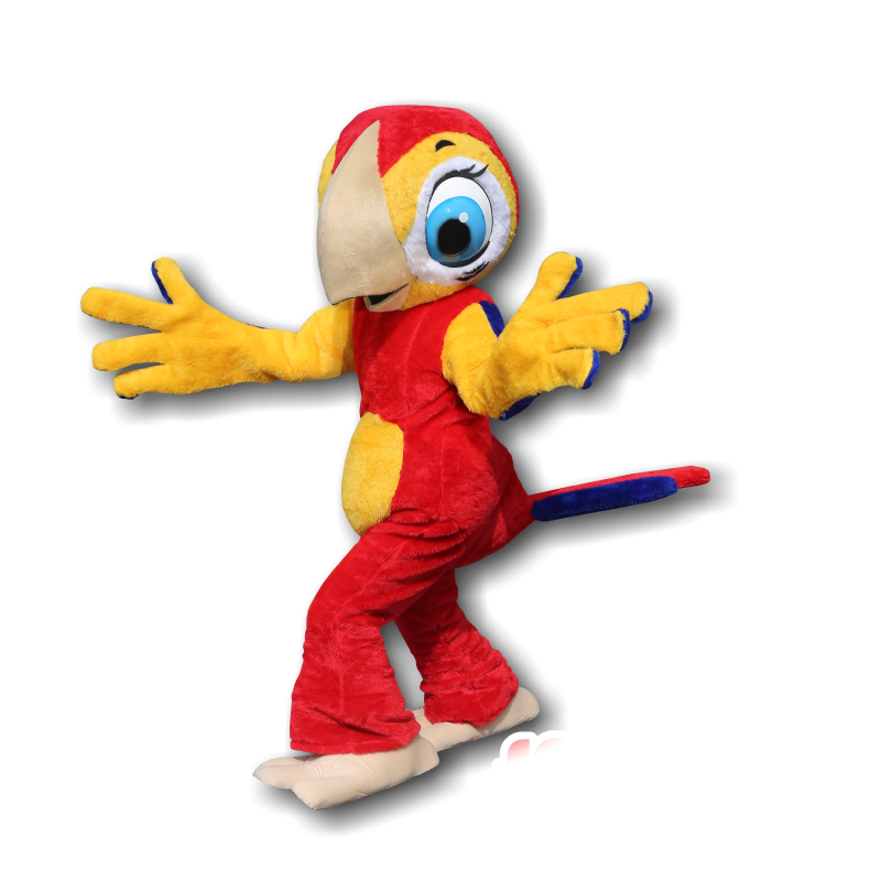 Mascotte de perroquet rouge et jaune avec de jolis yeux bleus - MASFR032453 - Mascottes de perroquets