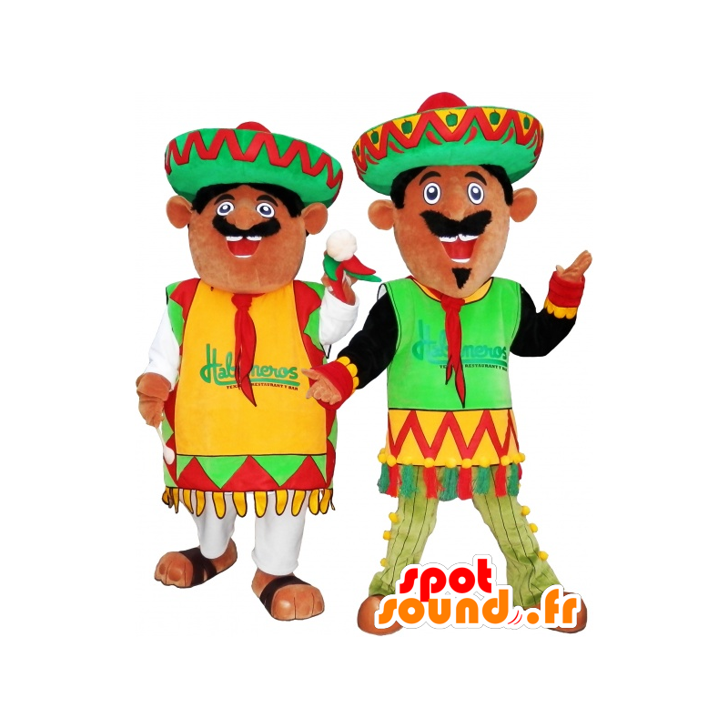 2 Mexicanen mascottes gekleed in traditionele outfits - MASFR032456 - Human Mascottes