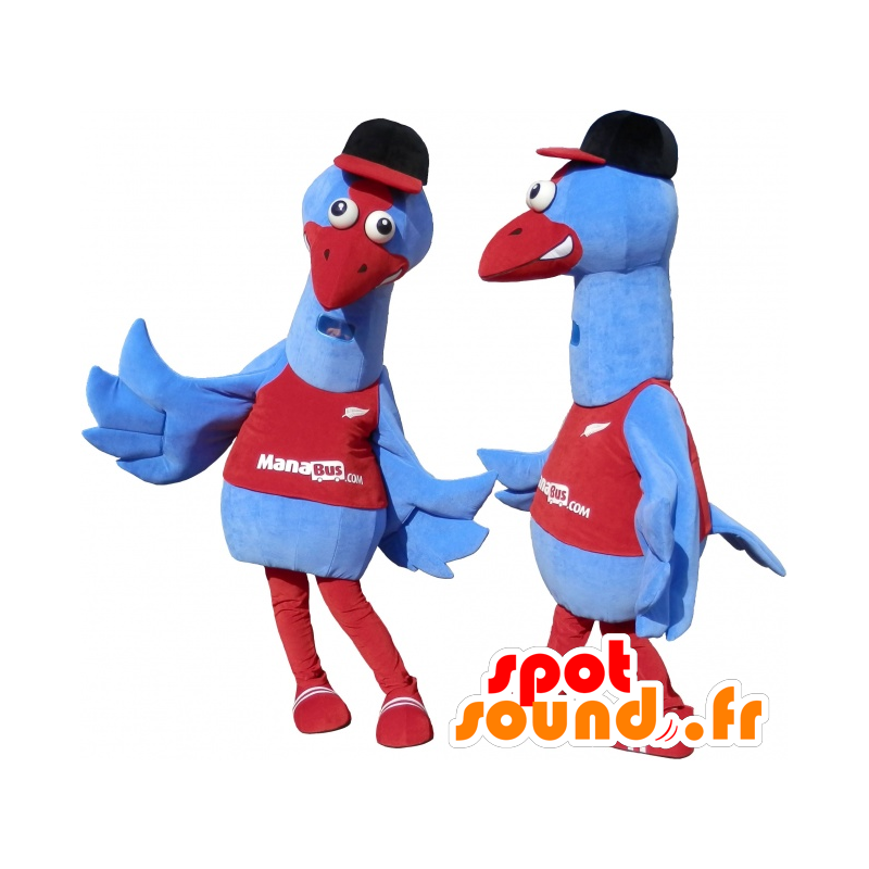 2 maskoter av blå og røde fugler. 2 strutser - MASFR032460 - Mascot fugler