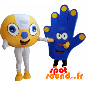 2 Maskottchen von Fans, einen Ball und eine Hand von Unterstützung - MASFR032461 - Sport-Maskottchen