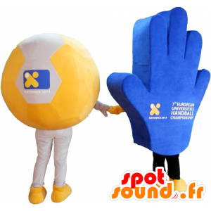 2 Maskottchen von Fans, einen Ball und eine Hand von Unterstützung - MASFR032461 - Sport-Maskottchen
