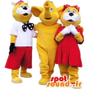 3 mascots: 2 gelbe und weiße Katze und ein Elefant - MASFR032464 - Katze-Maskottchen
