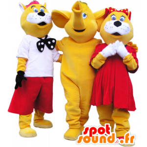 3 maskotter: 2 gule og hvide katte og en elefant - Kat maskotter - MASFR032464 - SpotSound.fr