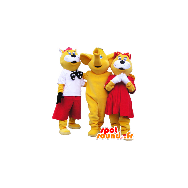 3 mascots: 2 gelbe und weiße Katze und ein Elefant - MASFR032464 - Katze-Maskottchen