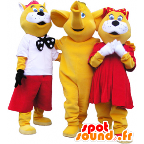 3 maskotter: 2 gule og hvide katte og en elefant - Kat maskotter - MASFR032464 - SpotSound.fr