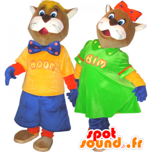 2 mascotes gatos marrom e branco em trajes coloridos - MASFR032465 - Mascotes gato