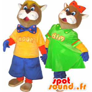 2 mascottes de chats marron et blancs en tenues colorées - MASFR032465 - Mascottes de chat