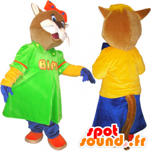 2 mascots brown and white cats in colorful outfits - MASFR032465 - Cat mascots