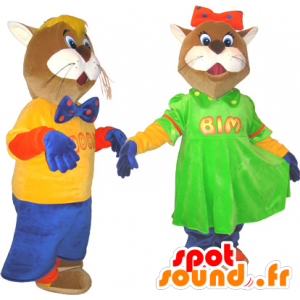 2 mascots braune und weiße Katzen in bunten Outfits - MASFR032465 - Katze-Maskottchen