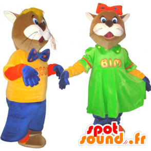 2 mascots brown and white cats in colorful outfits - MASFR032465 - Cat mascots