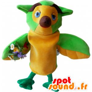 Mascota del búho verde, amarillo y marrón, muy divertido - MASFR032470 - Mascota de aves