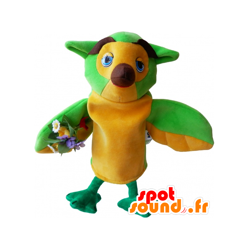 Mascotte de hibou vert, jaune et marron, très rigolo - MASFR032470 - Mascotte d'oiseaux