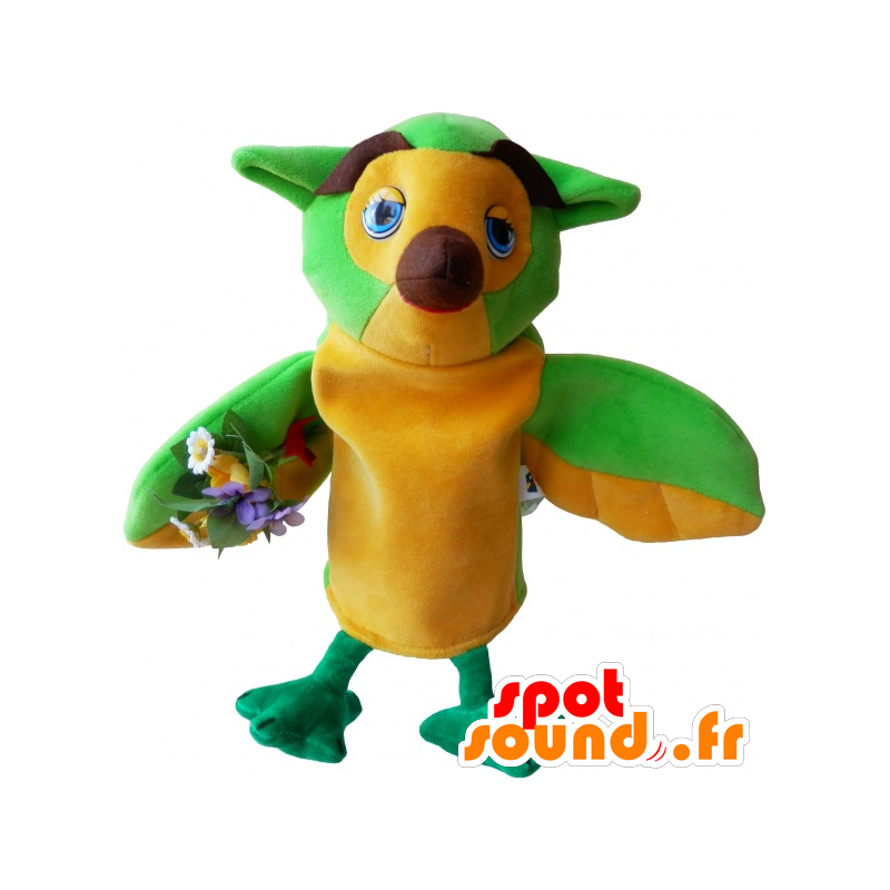 Grön, gul och brun uggelmaskot, väldigt rolig - Spotsound maskot