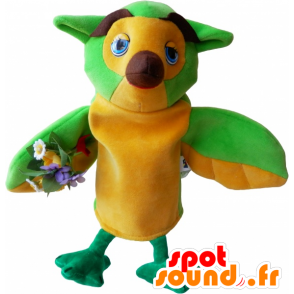 Grøn, gul og brun uglemaskot, meget sjov - Fuglemaskotter - MASFR032470 - SpotSound.fr