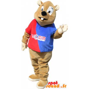 Bruine bever mascotte outfit met een rood en blauw - MASFR032472 - Beaver Mascot