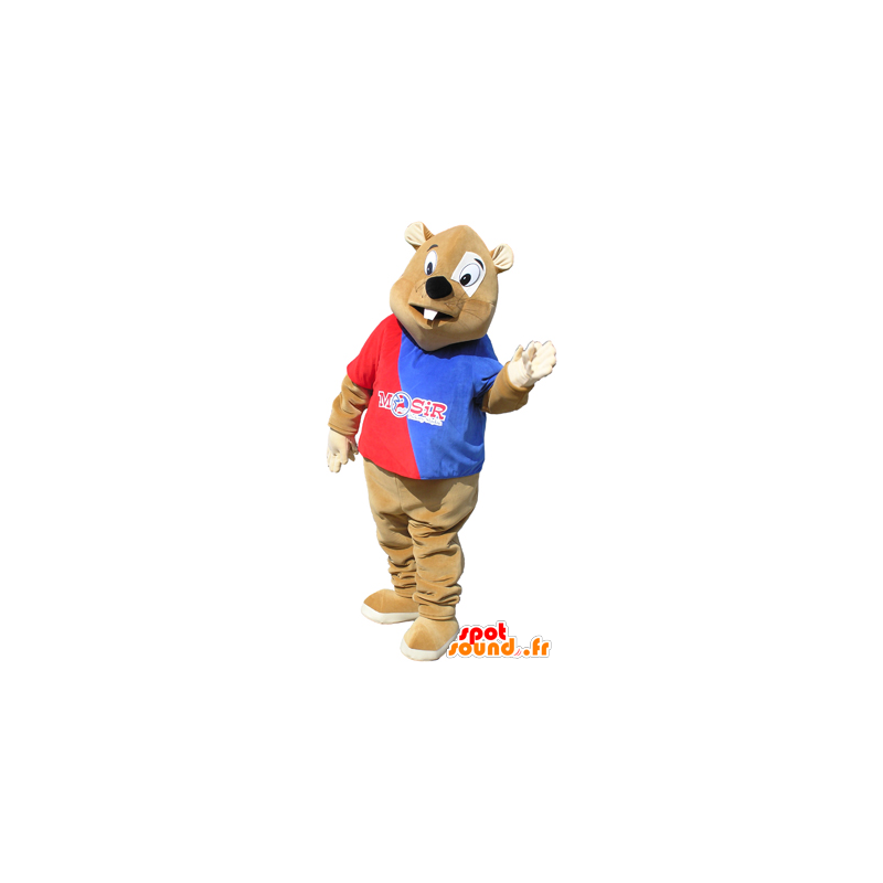 Bruine bever mascotte outfit met een rood en blauw - MASFR032472 - Beaver Mascot