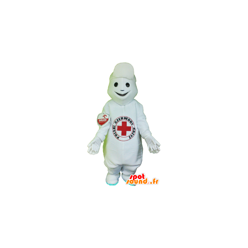 White snowman mascot with a red cross on the belly - MASFR032474 - Human mascots