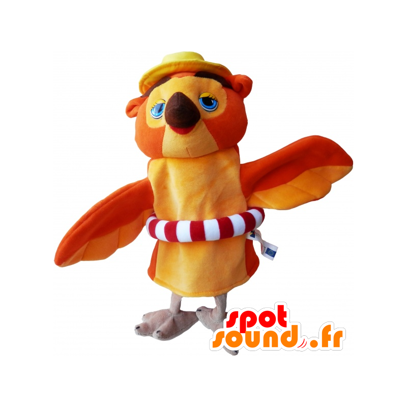 Mascotte de hibou orange et beige avec une bouée - MASFR032475 - Mascotte d'oiseaux