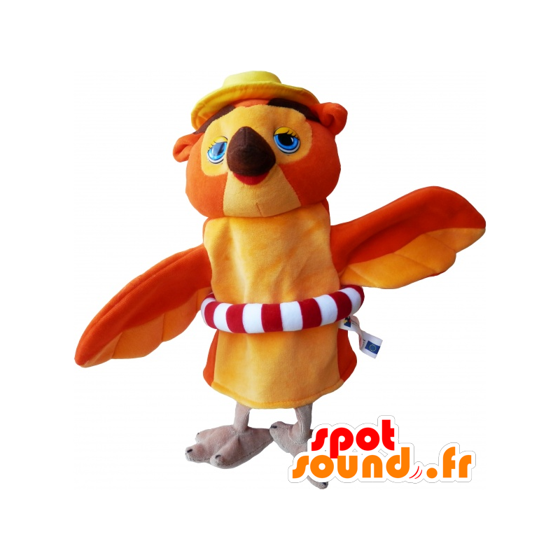 Mascote laranja e bege coruja com uma bóia - MASFR032475 - aves mascote
