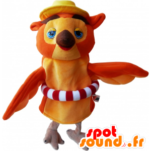 Arancio e beige mascotte gufo con una boa - MASFR032475 - Mascotte degli uccelli