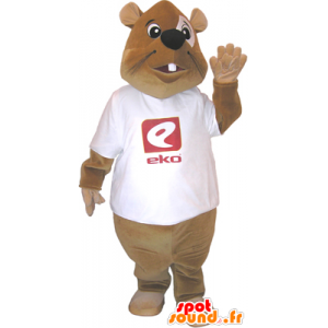 Mascotte de castor marron avec un t-shirt blanc - MASFR032481 - Mascottes de castor