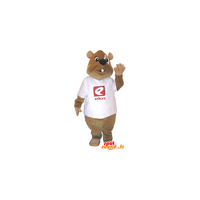 Mascotte de castor marron avec un t-shirt blanc - MASFR032481 - Mascottes de castor