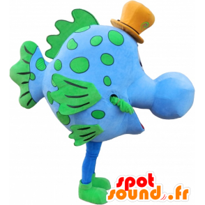 Blau und grün Fisch Maskottchen mit einem Hut - MASFR032483 - Maskottchen-Fisch