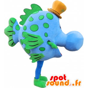 Blu e verde mascotte dei pesci con un cappello - MASFR032483 - Pesce mascotte