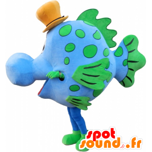 Modré a zelené ryby maskot s kloboukem - MASFR032483 - rybí Maskoti