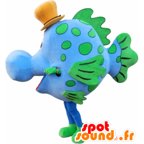 Blauwe en groene vis mascotte met een hoed - MASFR032483 - Fish Mascottes