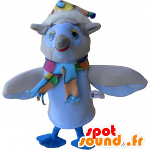 Mascota del búho blanco y beige con una bufanda y un sombrero - MASFR032485 - Mascota de aves