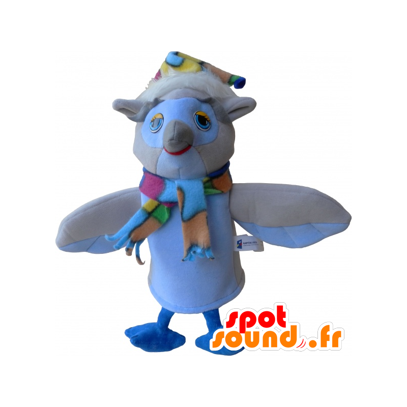 Beige en witte uil mascotte met een sjaal en een hoed - MASFR032485 - Mascot vogels