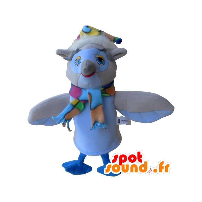 Beige og hvit ugle maskot med et skjerf og en lue - MASFR032485 - Mascot fugler