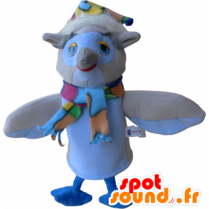 Mascotte de hibou beige et blanc avec une écharpe et un bonnet - MASFR032485 - Mascotte d'oiseaux