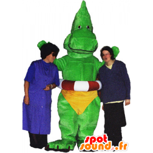 Dragon mascot, green dinosaur with a yellow slip - MASFR032486 - Dragon mascot