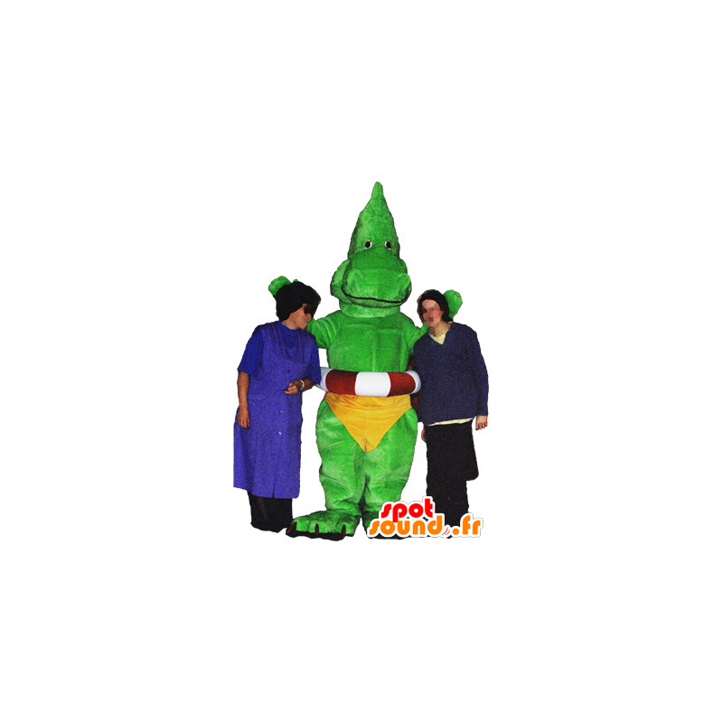 Drago mascotte, dinosauro verde con una scivolata gialla - MASFR032486 - Mascotte drago