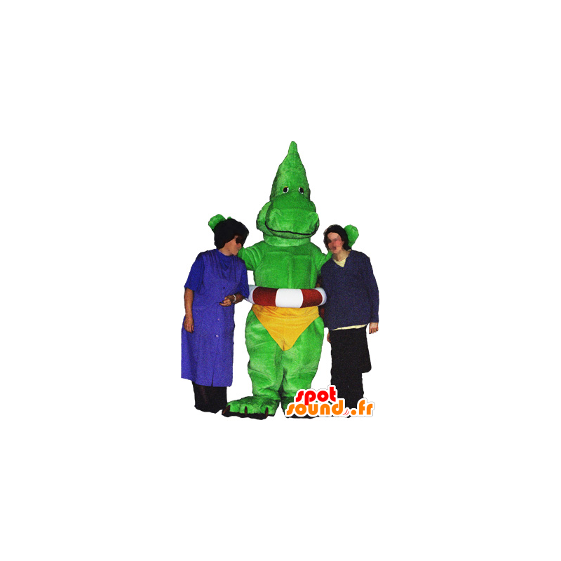 Dragon mascot, green dinosaur with a yellow slip - MASFR032486 - Dragon mascot