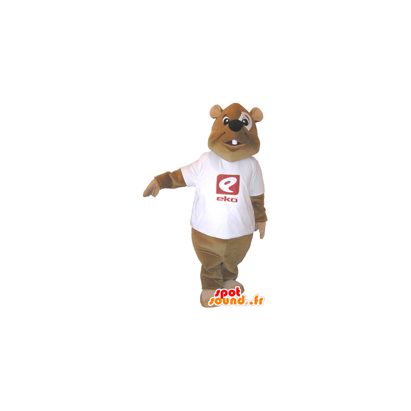 Mascotte de castor marron avec un t-shirt blanc - MASFR032489 - Mascottes de castor