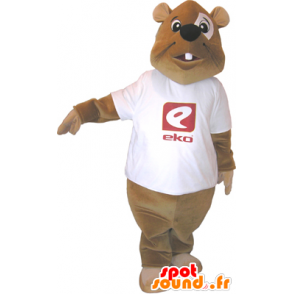 Mascotte de castor marron avec un t-shirt blanc - MASFR032489 - Mascottes de castor